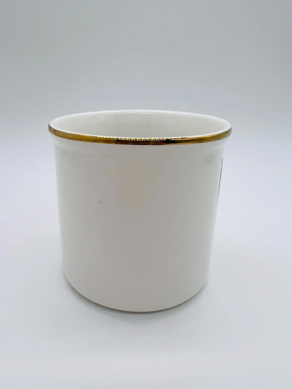 Pottery Barn White Mug with Red & Green Stewart Plaid T and Gold Rim
